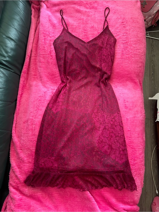 Dresses & Skirts - Vintage Patterned Deep Red Midi Slip Dress with Ruffle Hem
